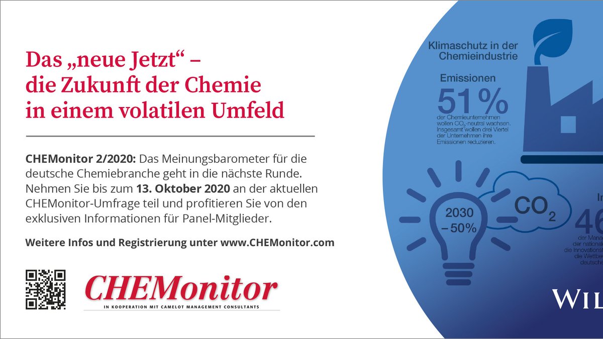 Bis zum 13.10. können Sie an der aktuellen Umfrage teilnehmen, die wir zusammen mit @camelot_mc zu diesem Thema durchführen: Das "neue Jetzt" - Zukunft der Chemie in einem volatilen Umfeld. Als Panelmitglied erhalten Sie eine Dokumentation der Ergebnisse. https://t.co/QDlI4IaNuG https://t.co/SiXML9VuXo