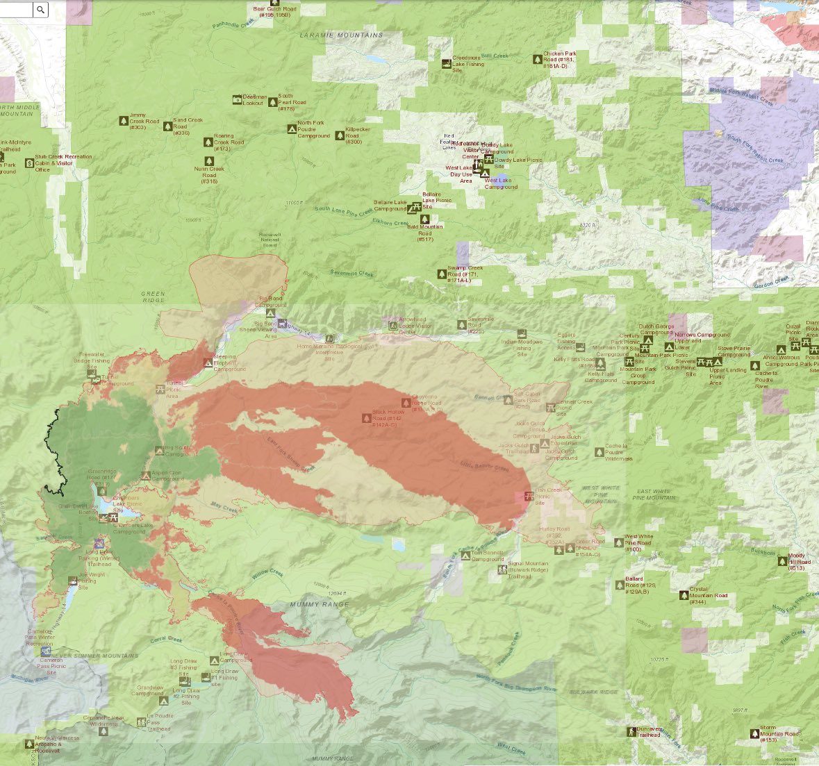 jackbenzel's tweet image. My Composite again as the growth map is for some reason usually a day behind... Dark red was Sunday’s run, light red is yesterday’s growth - note the “surprise” finger now 7 miles(blue line) #CameronPeakFire