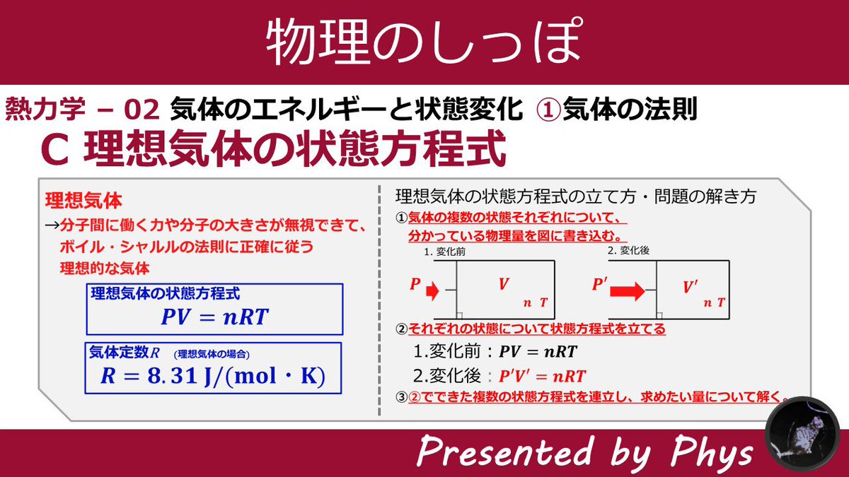 Phys 物理のしっぽ の中の人 ボイルシャルルを網羅する式がこれ 理想機体の状態方程式 非常に汎用的な熱力学の式です 熱力学02 C理想気体の状態方程式 高校物理解説 物理のしっぽ T Co Tp1d0qcsoj Youtubeより 物理 高校物理 授業