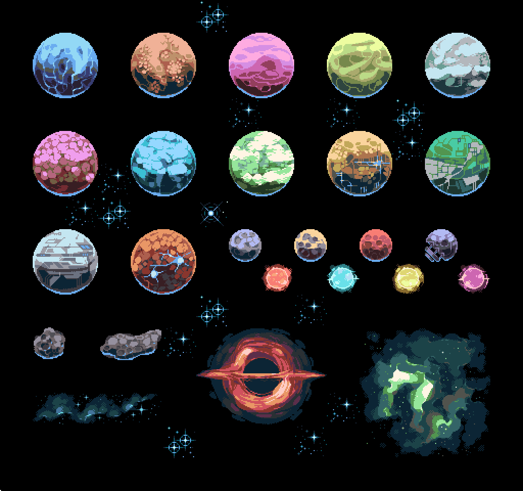 useless_pursuit's tweet photo. Some planets and other celestial objects 
#pixelart #ドット絵 https://t.co/jvIaNFGAWO
