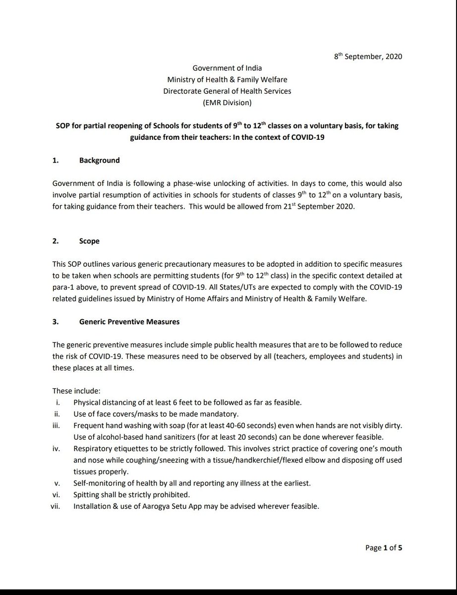 MoHFW_INDIA's tweet photo. #IndiaFightsCorona

Health Ministry issues SOP for partial reopening of Schools for students of 9th-12th classes on a voluntary basis, for taking 
guidance from their teachers in the context of #COVID19.

https://t.co/i1I8pPwXyT https://t.co/6c9datyVOC