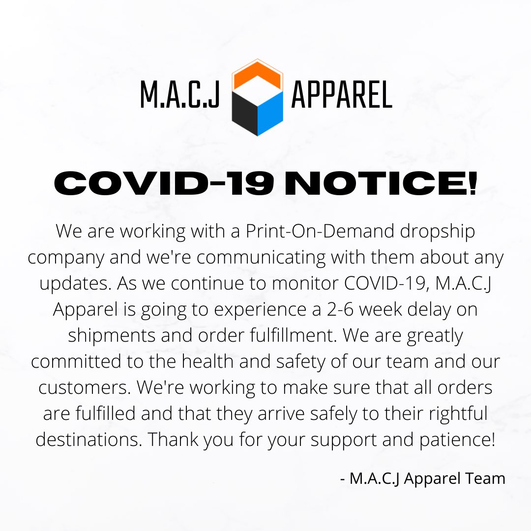 EIGHT98Apparel's tweet photo. COVID-19 NOTICE! https://t.co/cc3JHpsgLA
