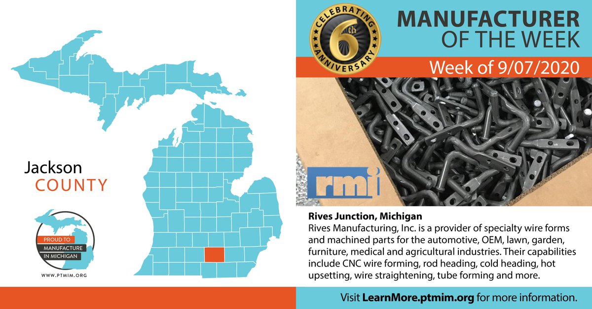 Proudtomfrinmi's tweet photo. .@GovWhitmer @SenStabenow @SenGaryPeters Our @Proudtomfrinmi featured #member manufacturer is @rivesmfg in Jackson County! https://t.co/vlscaErF9k #ManufactureSmarter #6Yearmember #wireforms #machining #prototypes https://t.co/Q2q3T2ny7W