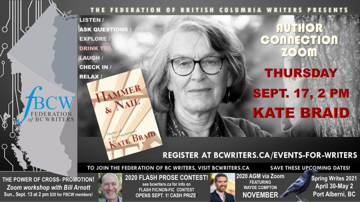 bcwriters's tweet photo. Join us for Author Connection with Kate Braid, Author of Hammer &amp; Nail.  Thursday September 17th at 2pm.  Pre-register here, https://t.co/ipGbuPUkGN #writersevents #writersevent #bcwriters #writersinbc #yukonwriters #authorconnection #canadawrites https://t.co/MrqxUbEmMo