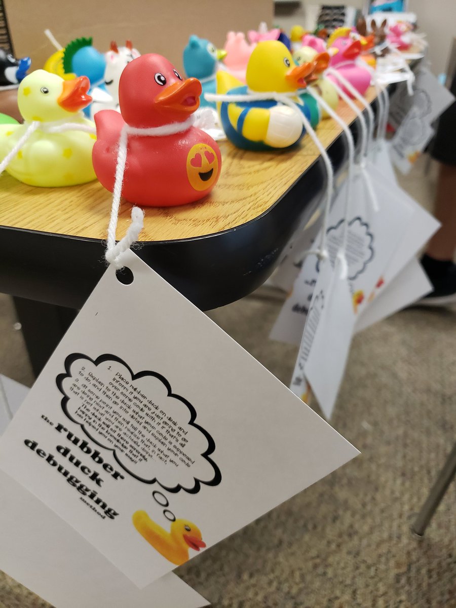 pomerjul16's tweet photo. Ducks found their new homes last week. Here's to a successful week of  #debugging and #coding at SB-L and not letting mistakes drive our progress forward. #codedotorg #pltw #girlswhocode #rubberduckdebugging🦆 https://t.co/TtI2i8oN06