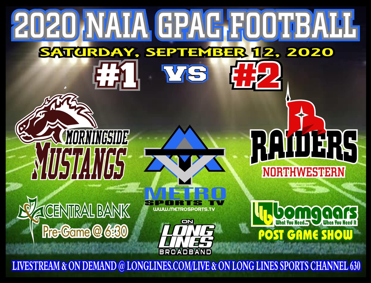 midwestsportstv's tweet photo. 2 time defending national champion # 1 Morningside vs rival # 6 Northwestern 
LIVE Saturday night exclusively on https://t.co/rAXi7modze and Long Lines Broadband ⁦@MsideFootball⁩ ⁦⁦@MsideMustangs⁩ ⁦@MorningsideEdu⁩ ⁦@NWCredraider_FB⁩ @nwciowa ⁦⁦ https://t.co/YZALUoBfhv