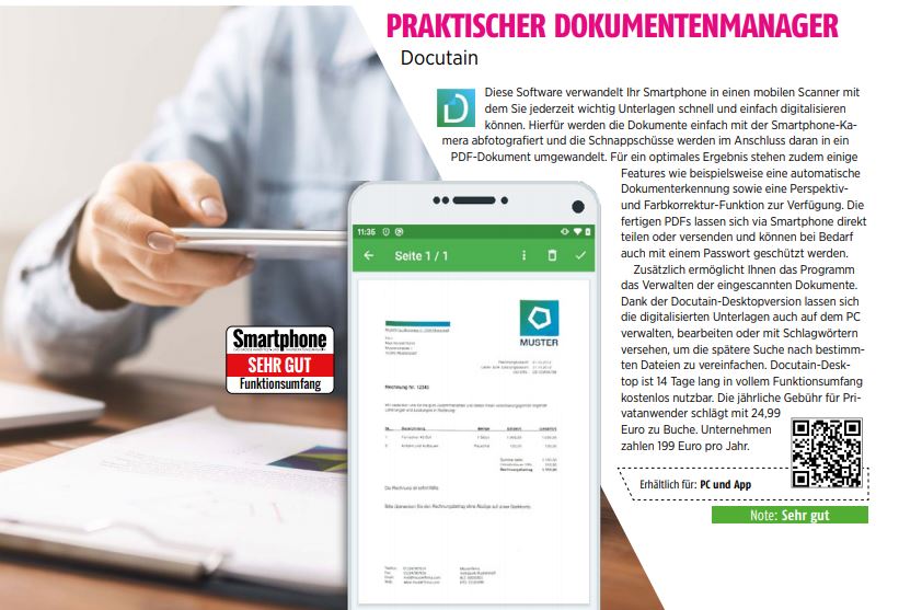 docutain's tweet photo. Smartphone Note: SEHR GUT 👍
Wir freuen uns über die Vorstellung von Docutain im @SmartphoneMagDE, welches den Leistungsumfang von Docutain als praktischen Dokumentenmanager nach ausführlicher Testung mit der Note „Sehr gut“ bewertet.
#docutain #scanapp #dokumentenmanagement https://t.co/mToeUZASSa