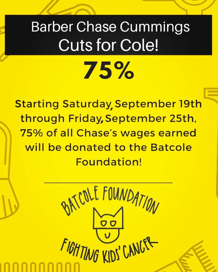 ChaseCummings78's tweet photo. Book an appointment with me at Steele's Barber Shop!! 💈✂️ From Saturday, September 19th - Friday, September 25th 75% will go to the @Batcole Foundation! 🎗
#pediatriccancerawareness #CutsForCole https://t.co/Lvj4cgKdK6