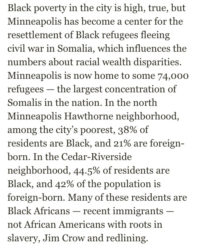 It also argues that black poverty in Minneapolis is high because we have “imported” poverty in the form of East Africans. Not only is this toxic anti-immigrant framing, it’s dead wrong: non-immigrant black Minneapolitans are also poor (and generally live in different places).