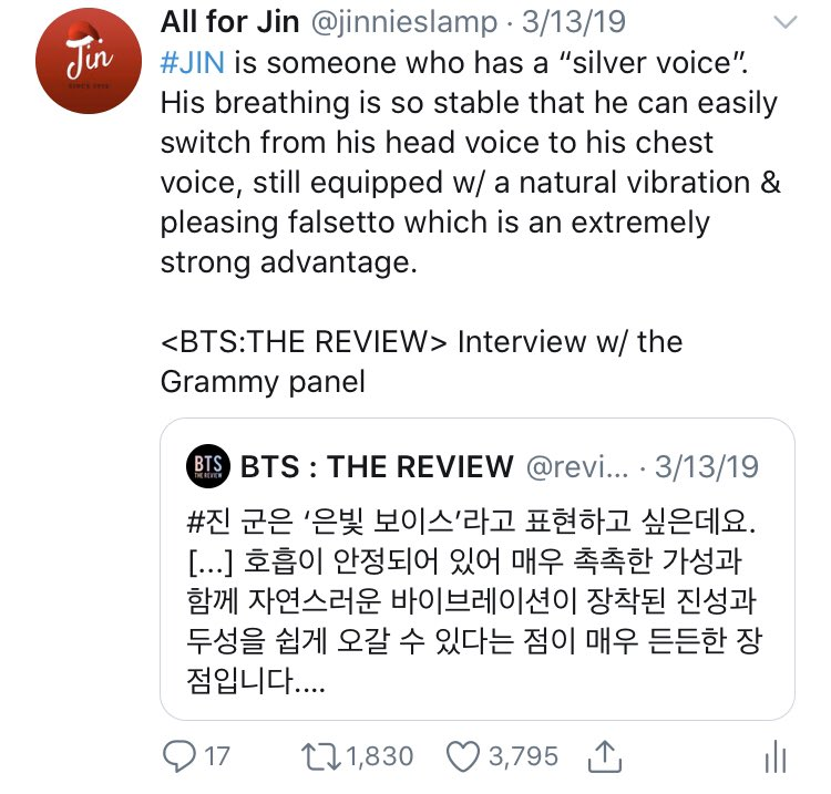 Grammy Panel praising Jin's singing and giving him the nickname "Silver voice".