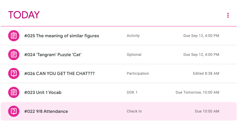 alicekeeler's tweet photo. I have a TODAY topic in #googleClassroom
What are we doing today is eliminated. 

I daily have an attendance question that is NOT content. 
I hack the grading categories to be assignment types. 
#googleEDU https://t.co/L1UeqXKx7I