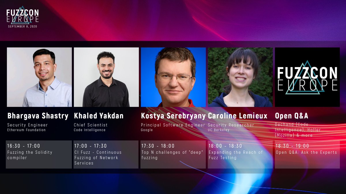 CI_Fuzz's tweet image. The last round of talks starts now. @ibags, @KhaledYakdan, @kayseesee and @cestlemieux complete an exciting conference day. You can also look forward to the Q&amp;amp;A session with @serj_de, @mozdeco and many more. #FuzzConEurope2020 #fuzzyoursoftware #applicationsecurity