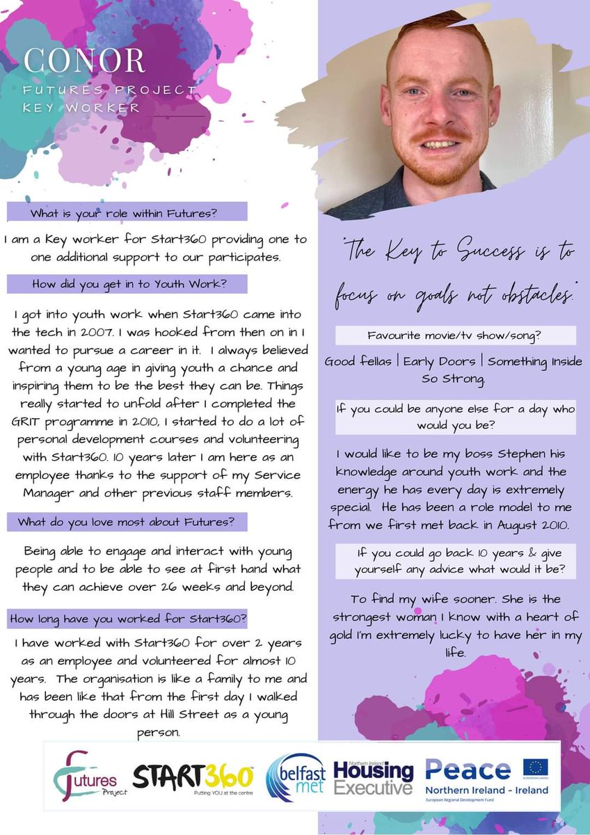 Start360org's tweet photo. Meet the @Futures4Youth team! Up today is our wonderful mentor/keyworker Conor π
#FuturesProject #BelfastMet #NIHE #SEUPB https://t.co/JRwMaH0hRG