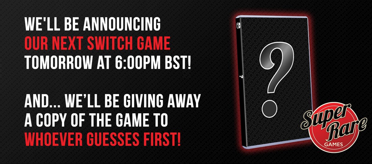 SuperRareGames's tweet photo. It's that time again... we're announcing our next physical Switch game tomorrow at 6pm BST as part of #SuperRareWeek π¨
Retweet + follow + guess - the first correct guesser will win a free copy! No hints this time, we want to see how many of you get it. π https://t.co/iZwQKAIuBj