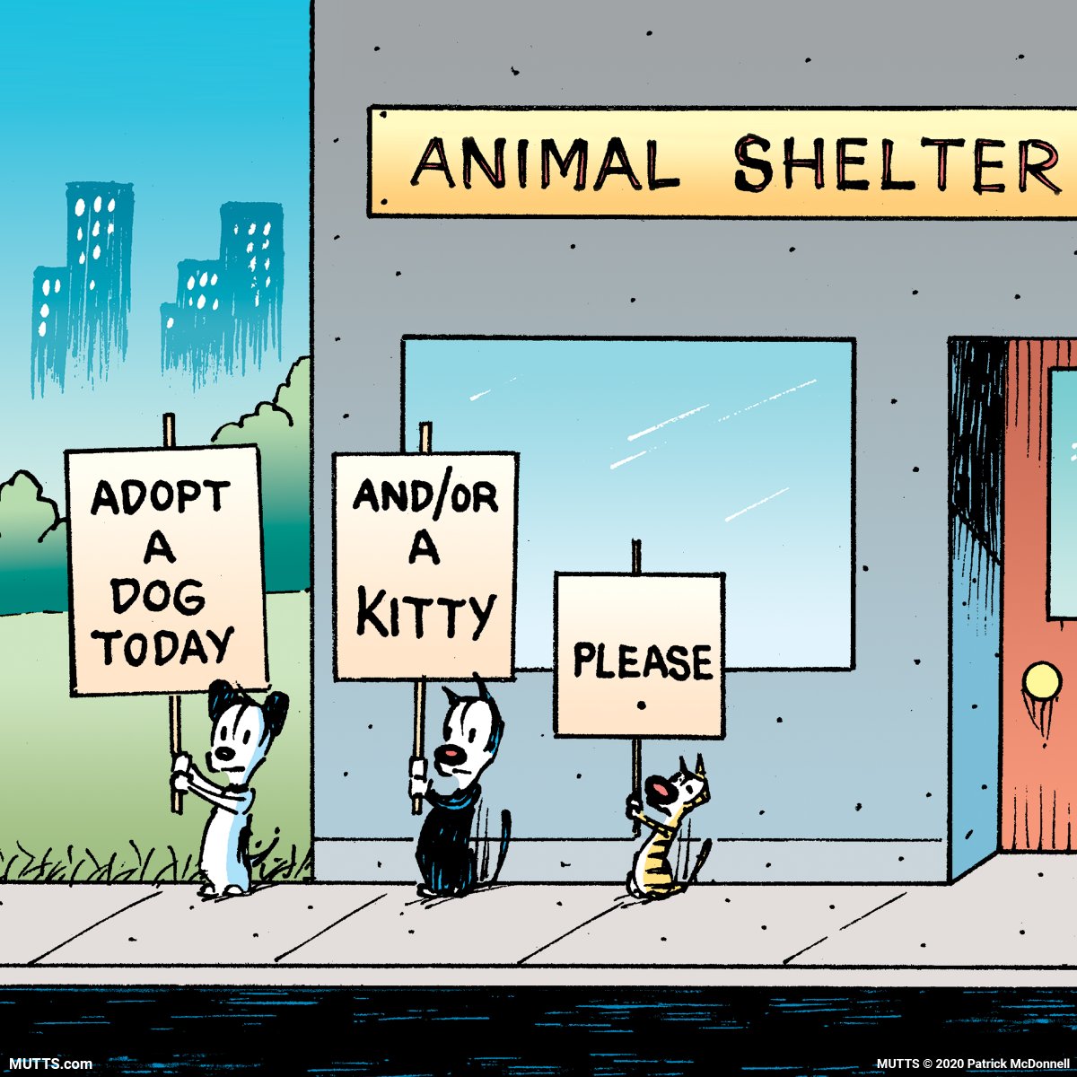 MUTTScomics's tweet photo. Mooch, Earl, and Shtinky think it's time to welcome a new best friend into your life. Visit your local shelter to meet adoptable animals looking for forever homes! https://t.co/vJueZs3VRf