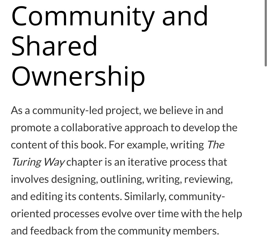  Shared ownership:  https://the-turing-way.netlify.app/community-handbook/acknowledgement/acknowledgement-members.htmlWe believe in continuous & iterative development. That’s what is so cool about  @turingway. The whole project changes every time someone joins and contributes. We’re always listening, learning and adapting  #AcknowledgeAllTheWork