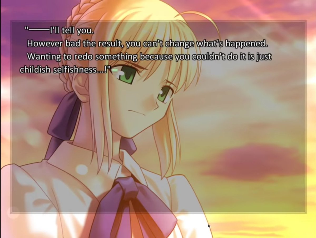 It was overall dealt better having Shirou talk to Saber because he understands her journey, but never regrets his actions. However he doesn't get through to her about her wish at this point, similar towards how the knights didn't get through to get about her questionable actions.