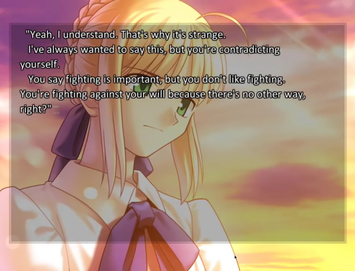 It was overall dealt better having Shirou talk to Saber because he understands her journey, but never regrets his actions. However he doesn't get through to her about her wish at this point, similar towards how the knights didn't get through to get about her questionable actions.