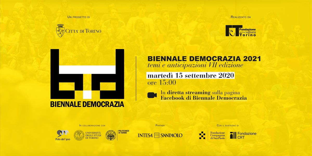BiennaleDemocr's tweet photo. Verso Biennale Democrazia 2021. 🚀
Martedì 15 settembre ore 15:00 vi invitiamo a seguire la diretta Facebook per scoprire #titolo, #date, #temi, #attività di coinvolgimento della #cittadinanza e delle #scuole in vista della prossima edizione.
#biennaledemocrazia #bd2021 https://t.co/PM3CGKslvv