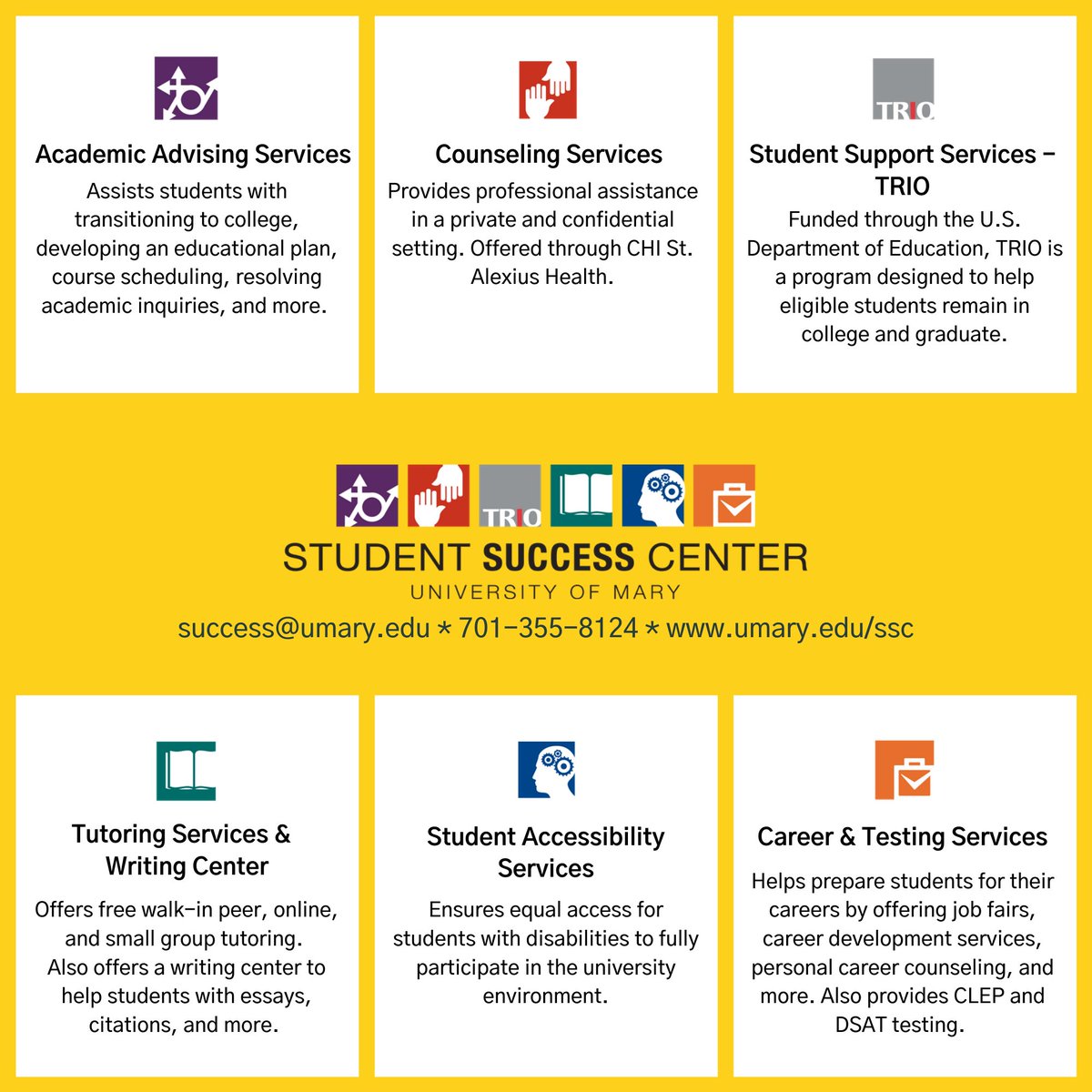 UMarySSC's tweet photo. #TipTuesday: The Student Success Center offers a wide variety of services! Go to https://t.co/qUkt31qNJJ or stop by lower Welder Library to learn more. #UMarySSC #LifeatMary https://t.co/8IybTbcTe1