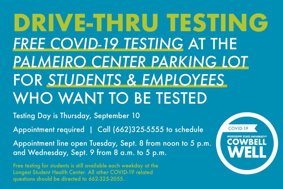 DrReginaHyatt's tweet image. We are offering a drive-thru testing site on Thursday. To schedule your appointment, you can call 325-5555 today beginning at noon until 5 pm or tomorrow from 8 am to 5 pm to schedule your Thursday appointment. #WearAMaskMSU #CowbellWell