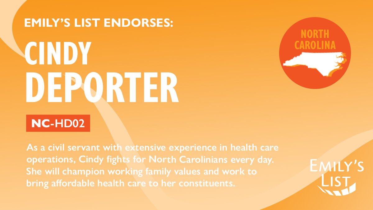 DeporterNCHD2's tweet photo. "As a civil servant with extensive experience in health care operations, Cindy fights for North Carolinians every day. If elected, she will champion working family values, and work to bring affordable health care to her constituents. EMILY's List is proud to stand with Cindy." https://t.co/QFsUp9NFQm