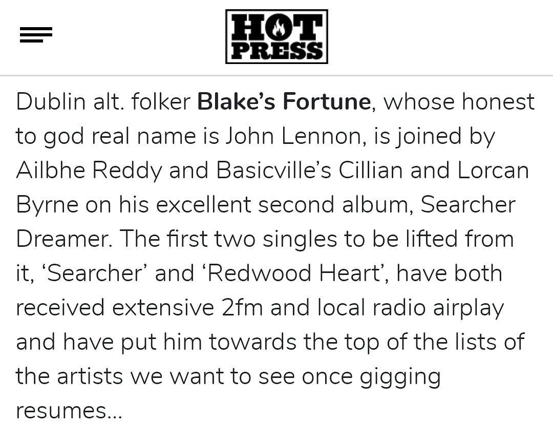 Much ♥️ to <a href="/stuartclark66/">Stuart Clark</a> from <a href="/hotpress/">Hot Press</a> for his kind words on the album 🙏

<a href="/Jawdroppermusic/">Jawdropper Music</a> #newalbum #searcherdreamer #blakesfortune #indieartist #indiefolk #irishmusicparty #irishartist #hotpress