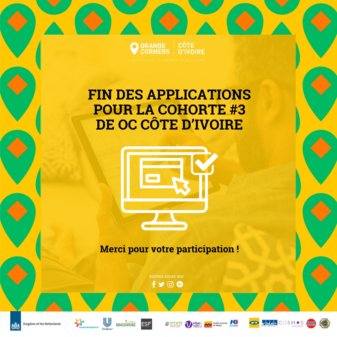 OrangeCornersCI's tweet photo. Merci à tous ceux qui ont postulé à la 3e cohorte. Restez connectés sur nos réseaux pour suivre la suite du processus de sélection.

#OCCotedivoire #innovation #startup https://t.co/aMgYI5Zt0v