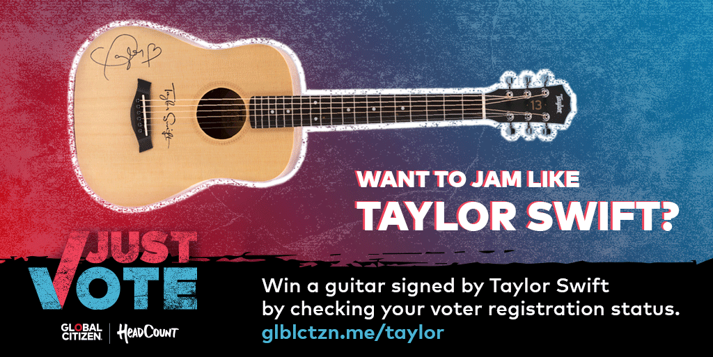 First,  @taylorswift13 gifted us with ‘Folklore’ this summer — now she’s giving away one of her signed guitars?!  Earn a chance to win by checking your voter registration status here:  http://glblctzn.me/taylor   #JustVote