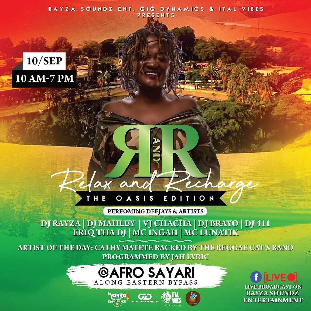 Cathymatete's tweet photo. RELAX & RECHARGE #TheOasisEdition THIS THURSDAY FEATURING A LIVE PERFORMANCE BY ME! CHECK FLYER FOR FULL DETAILS!!! #RayzaSoundz #GigDynamics #ItalVibes #CathyMatete #liveReggae https://t.co/Xb8y2NpRgY