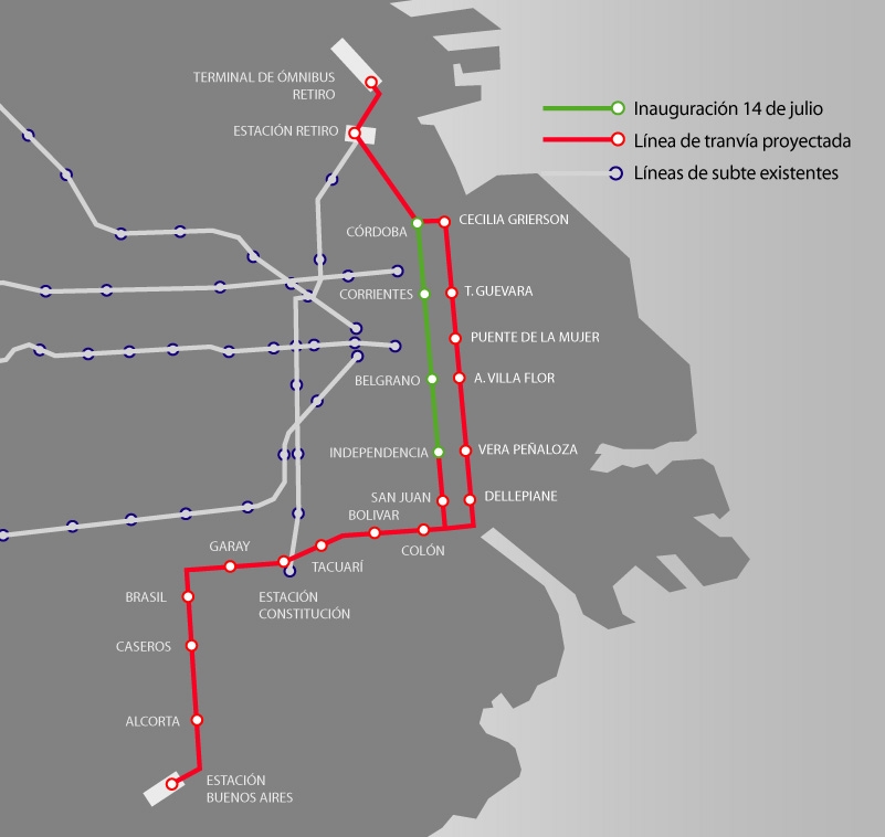 Saltamos a 2007: un turbio proyecto de Ricardo Jaime propone unir Retiro y Constitución con un tranvía por Puerto Madero. La idea era buena, su ejecución tan pobre que parecía un contraargumento. El macrismo lo levantó sin reemplazo para construir la autopista Paseo del Bajo.