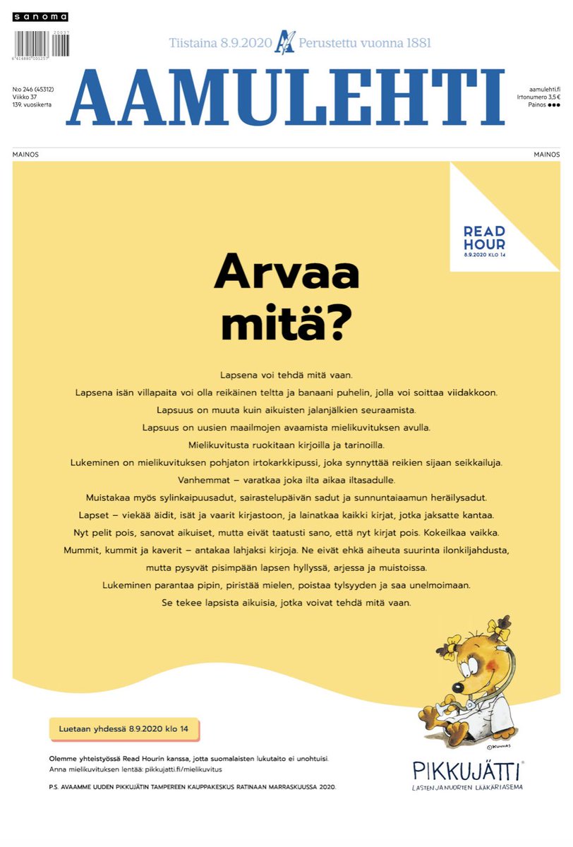 Arvoissamme on halu ymmärtää pientä ihmistä – se vaatii lapsen viereen pysähtymistä ja kuuntelemista. Siihen lukuhetket on mitä oivallisimpia. Siksi oli helppo lähteä mukaan lasten- ja nuorten säätiön Read Hour -kampanjaan.