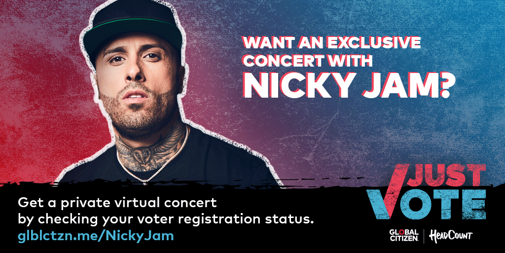 Want to win a virtual performance from  @nickyjampr? Check your voter registration status, and make your voice heard at the 2020 US election:  http://glblctzn.me/NickyJam   #JustVote