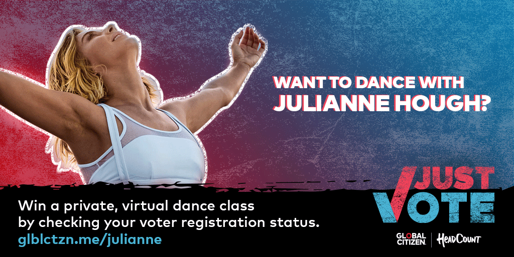 Three reasons to get up on your feet: Check if you’re registered to vote at  http://glblctzn.me/julianne   Win a private KINRGY dance lesson from  @juliannehough Show us your best moves for the upcoming US election  #JustVote