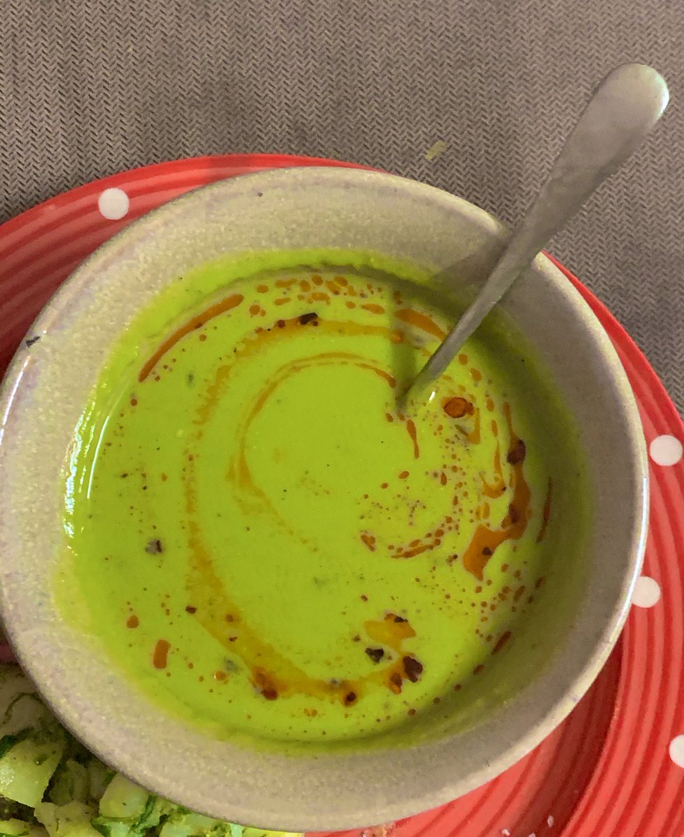 Dinner tonight - Green peas soup topped with chilli oil (I don’t think I can drink soups without it anymore )