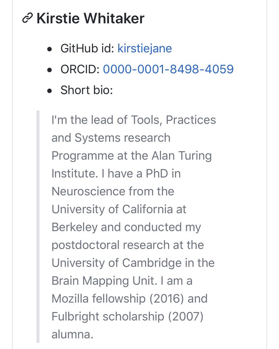 This file - which we now need all of you wonderful  @turingway contributors to help us fill in - lets every author define in the way that makes most sense to their needs what it is that they have contributed.Here’s mine:  https://github.com/alan-turing-institute/the-turing-way/blob/master/contributors.md#kirstie-whitaker #AcknowledgeAllTheWork