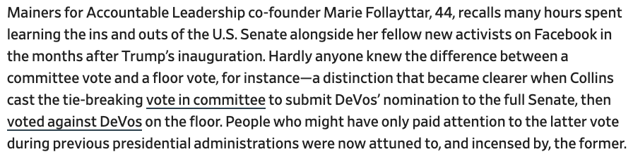 The more they learned about how their government worked, the worse Collins looked. They trusted in her image as an independent-minded, values-driven legislator. Then, suddenly, they were able to see the partisan strategy behind her "bipartisan" facade. 2/x https://slate.com/news-and-politics/2020/09/maine-turned-on-susan-collins.html