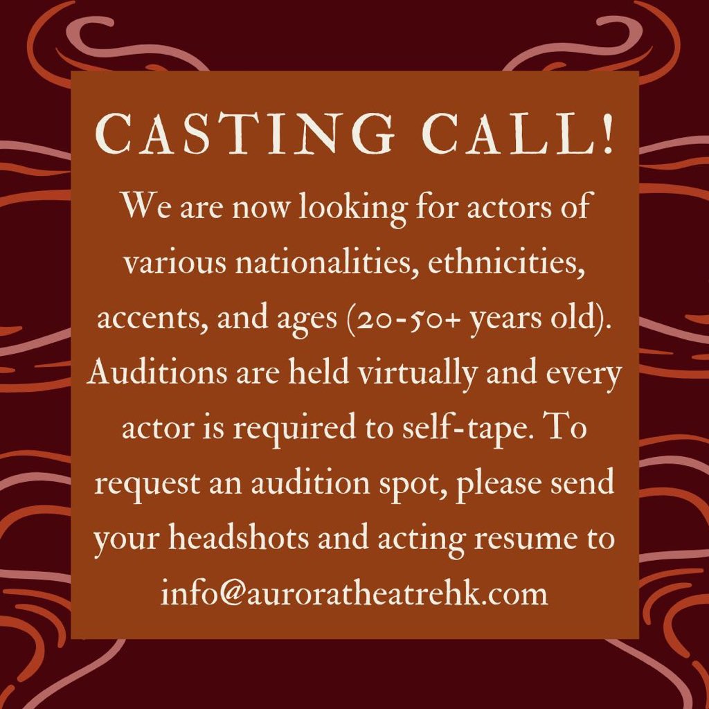 aurora_theatre's tweet photo. AUDITION NOTICE: COVID &amp; CIGARETTES 

We are inviting international and local actors to audition for this project performed solely on Zoom. 

More info on https://t.co/Idc6J2A8T5

Interested in auditioning? Email us! 
info@auroratheatrehk.com https://t.co/xutWNZoO3U