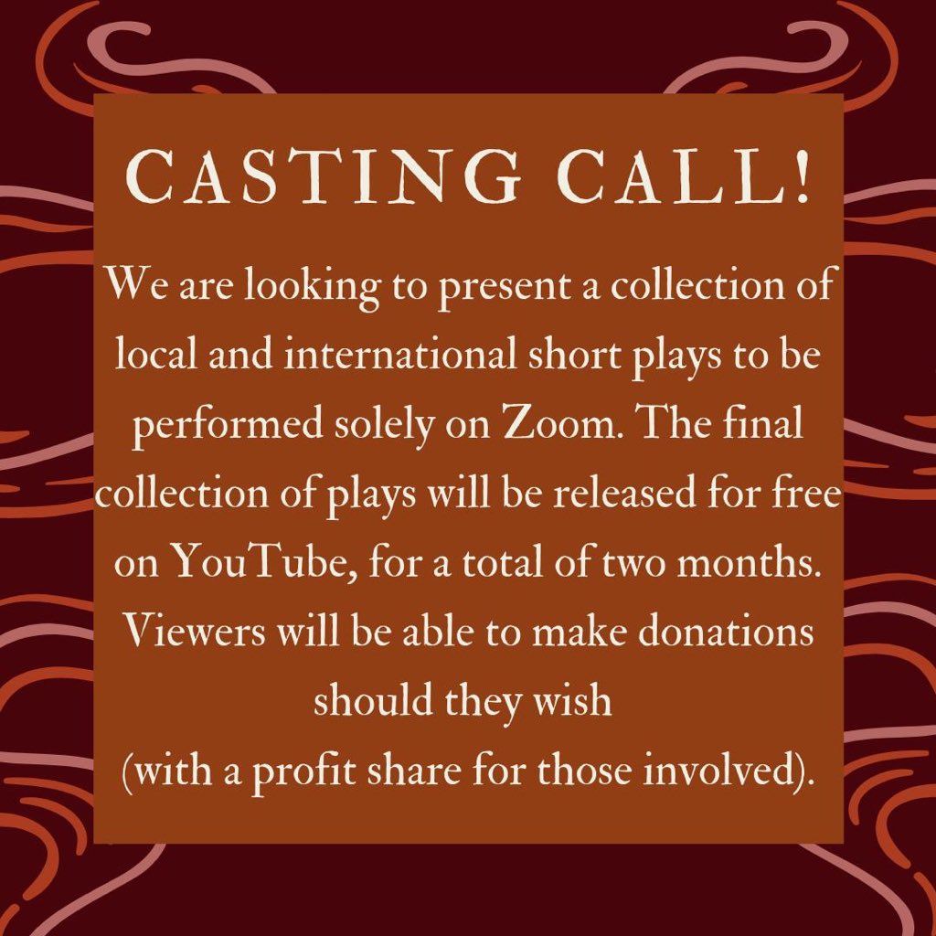 aurora_theatre's tweet photo. AUDITION NOTICE: COVID &amp; CIGARETTES 

We are inviting international and local actors to audition for this project performed solely on Zoom. 

More info on https://t.co/Idc6J2A8T5

Interested in auditioning? Email us! 
info@auroratheatrehk.com https://t.co/xutWNZoO3U