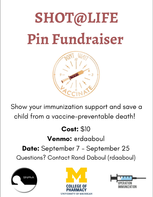 MichiganSNPhA's tweet photo. We are excited to host the Shot@Life pin fundraiser. 
Shot@Life is an advocacy campaign of the United Nations Foundation that champions global childhood immunization. The proceeds will be donated to this non-profit advocacy organization that strives to give every child a chance. https://t.co/a83ccLII3u