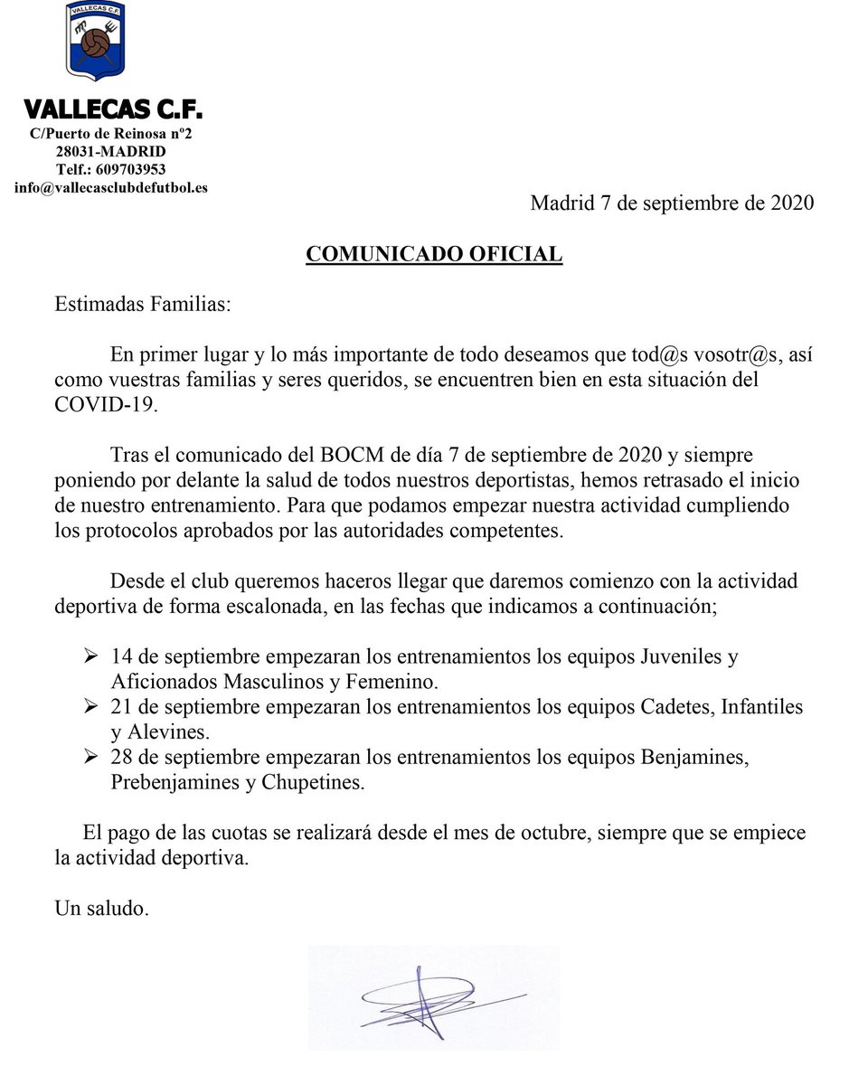 VallecasCF's tweet photo. 🚨🚨Comunicado oficial.🚨🚨

📲La directiva nos envía el siguiente comunicado.📲

⚽️⚽️Ya tenemos fechas de vuelta.⚽️⚽️

#FAMILIAVALLECAS #RecSport #Fútbol #Vallecas #FútboldeBarrio https://t.co/TjJWQRcq8E