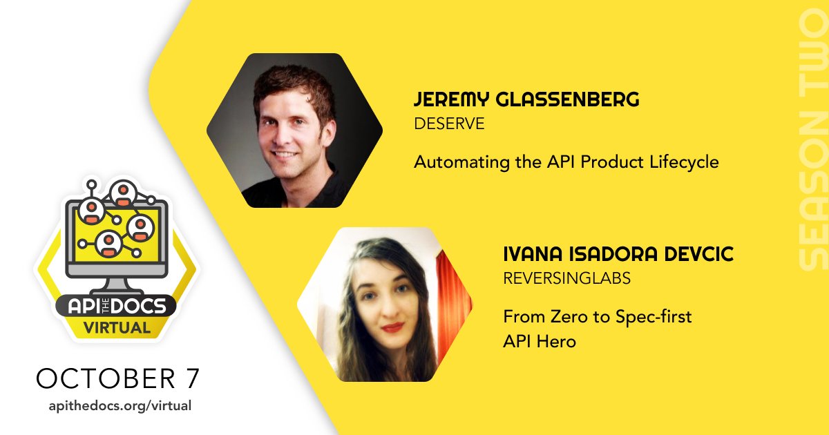 APItheDocs's tweet photo. On 10/07 you'll hear @ivana_isadora & @jglassenberg talking about
👉 the benefits of the #specfirst approach
👉 tools to better automate the creation of a solid #DeveloperExperience
Registration is open, reserve your spot: https://t.co/IE47NZpkl5
#ATDvirtual #APItheDocs https://t.co/R7tUYni82K