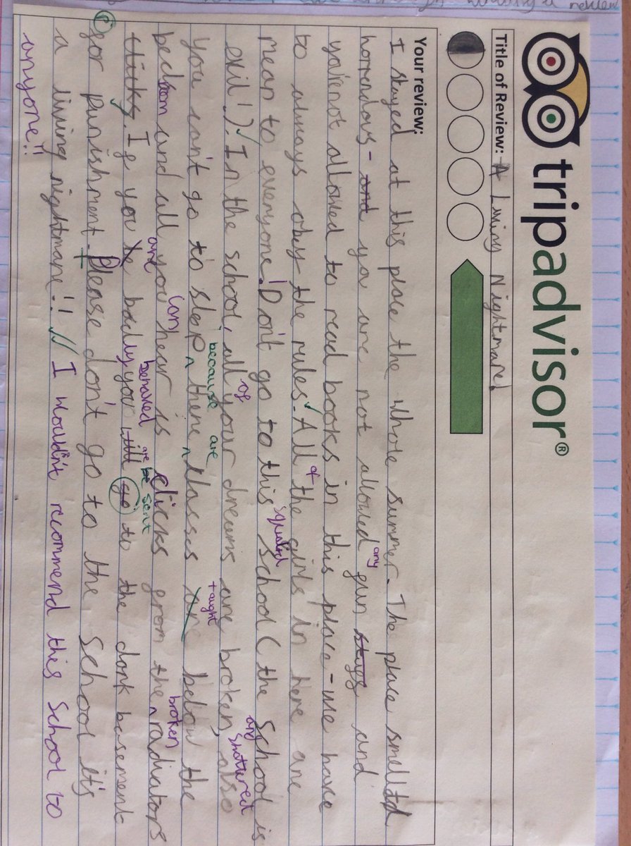 Faith_Year6's tweet photo. What a super tripadvisor review of Miss Octavia Scrimshawโs Finishing Academy for Young Ladies, based around our new novel- CogHeart. @FaithPrimary @peterbunzl #english #immersivewriting #tripadvisor #workinghard โ๏ธ๐๐ https://t.co/1LIeFsIShO