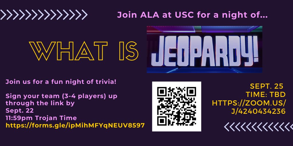 ALAatUSC's tweet photo. Join us for a night of socializing, drink and trivia! Sign up your team by Tues. September 22 11:59pm PST. See you then!
#alaatusc #mmlis #USC 
https://t.co/pSWRWBq2QQ https://t.co/OcH8AkAAeN