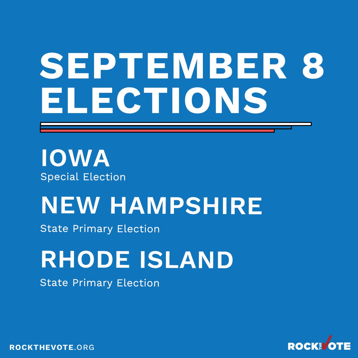 RockTheVote's tweet photo. Everyone in #NewHampshire, #RhodeIsland and some areas in #Iowa has a specific task for today! It's to VOTE. 

Find your polling location and vote safely in person or drop off your mail-in ballot. #RockTheVote https://t.co/xhdQI3P9Fd