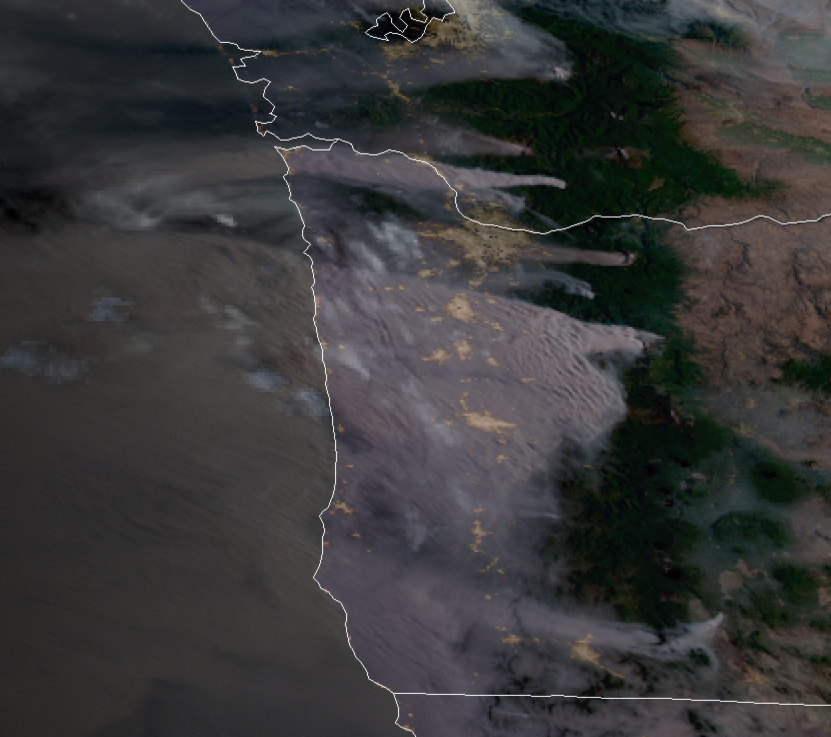 KEZI9's tweet photo. SMOKE - The first satellite images are coming in this morning showing plumes of smoke and ash originating from the fires in the Cascades. The smoke will remain bad Tuesday and Wednesday, but changes in wind direction will allow the smoke to disperse Thursday. https://t.co/nhx17V3AVm