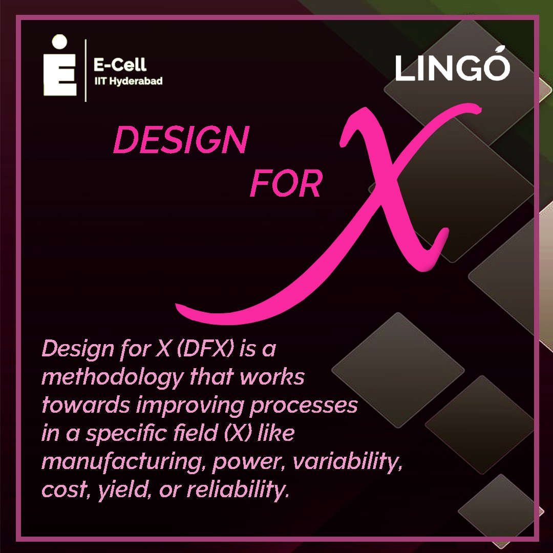 ecell_iith's tweet photo. Design for X (DFX) is a methodology that works towards improving processes in a specific field (X) like manufacturing, power, variability, cost, yield, or reliability. #designforx #methodology #improvingprocesses #designforimpact #ecelliithyd #lingo https://t.co/MhKcnQezIk
