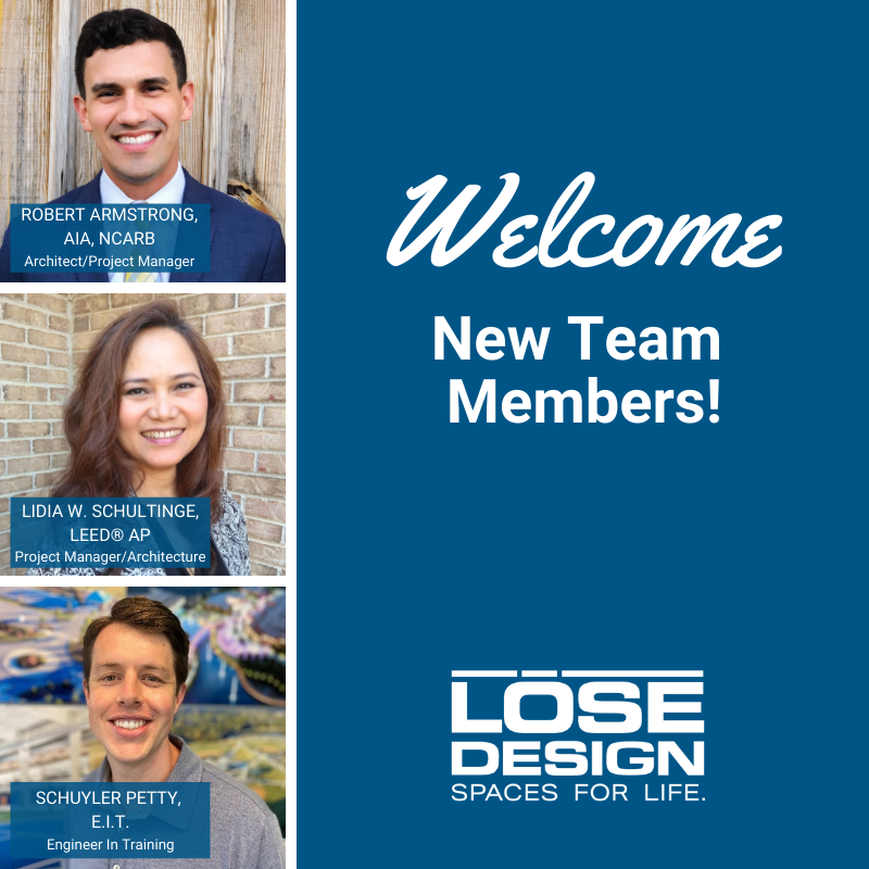 losedesign's tweet photo. We are happy to announce our new team members, Robert Armstrong, AIA, NCARB; Lidia W. Schultinge, LEED® AP; and Schuyler Petty, E.I.T. Excited to have you on board! 

#team #newhires #design #spacesforlife https://t.co/tGamPMgpnc
