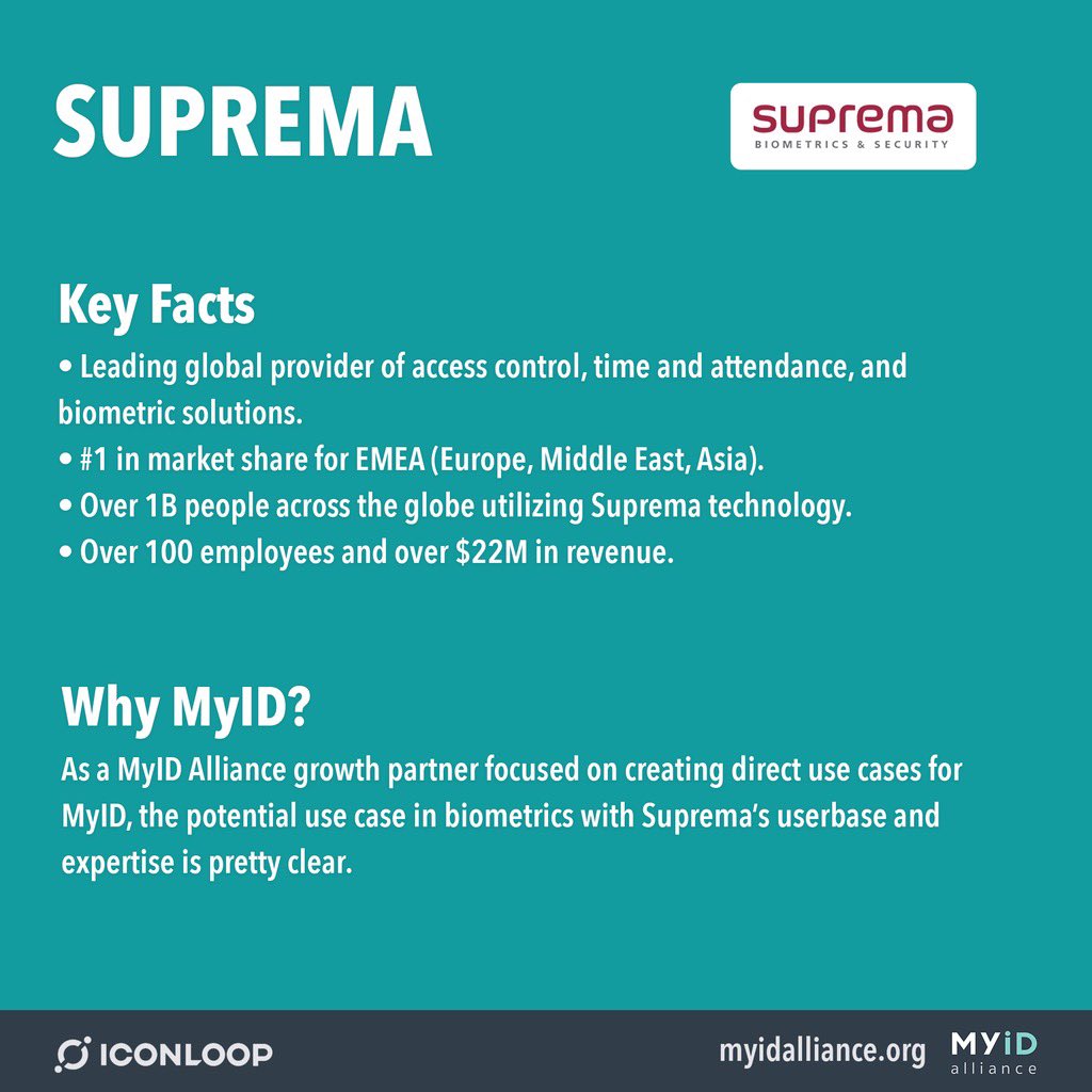 Suprema - Leading global provider of access control, time & attendance, and biometric solutions. Over 1B people across the globe using Suprema’s technology. A MyID Alliance growth partner.  #Crypto  #Blockchain  #ICONProject  #ICON  $ICX