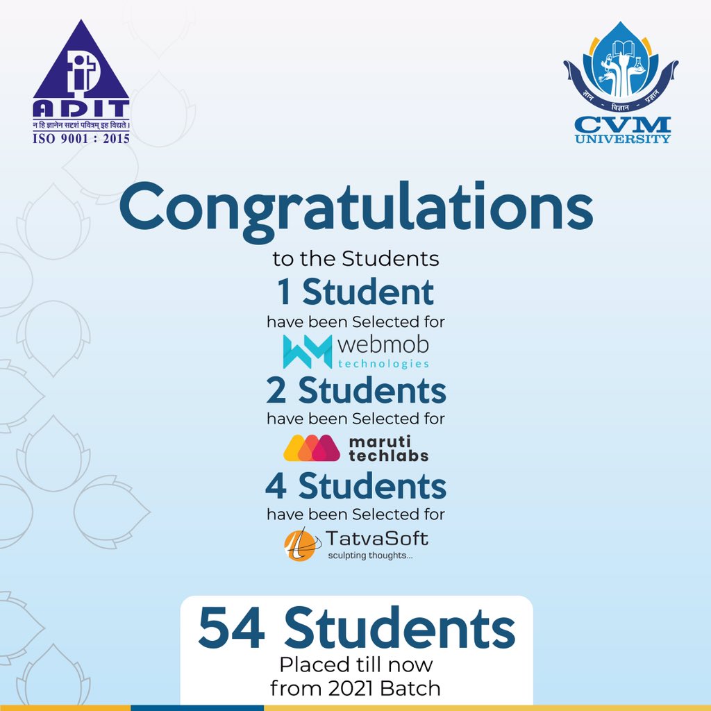 adit_cvmu's tweet photo. ADIT-CVMU
CONGRATULATIONS to students for getting placed in web mob technology, Maruti Techlabs & Tatvasoft.
#cvmuniversity #cvm #adit_cvmuniversity #adit #webmobtechnology #marutitechlabs #tatvasoft #campusplacement #placement2020 #opportunity #achievement #engineeing #acpc https://t.co/b73UpKXRGa